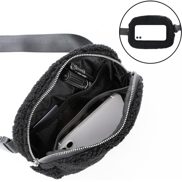 Fleece belt bag women sherpa crossbody waist bag adjustable strap black - Picture 5 of 8